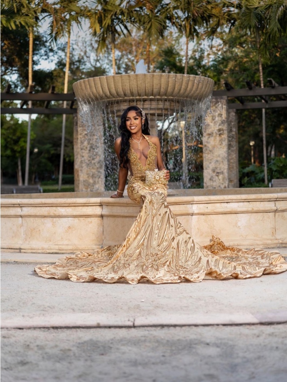 Gold Embellished Halter Mermaid Prom Gown